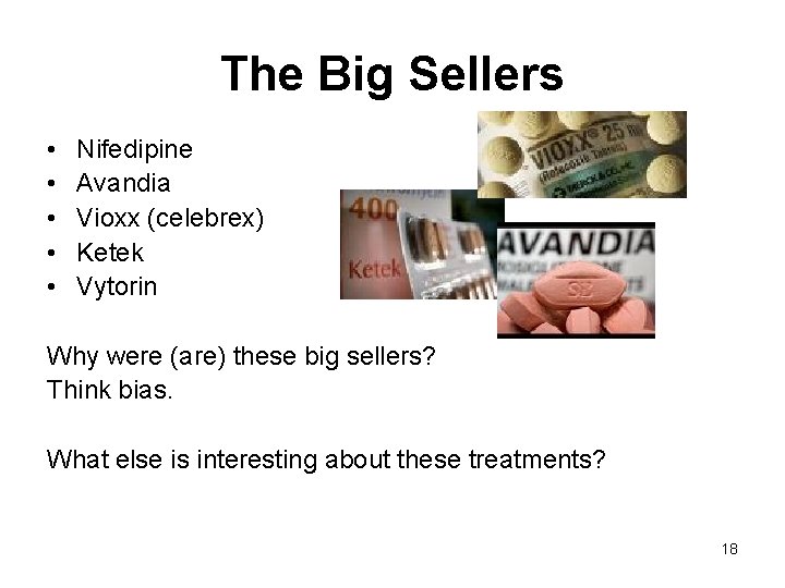 The Big Sellers • • • Nifedipine Avandia Vioxx (celebrex) Ketek Vytorin Why were The Big Sellers • • • Nifedipine Avandia Vioxx (celebrex) Ketek Vytorin Why were