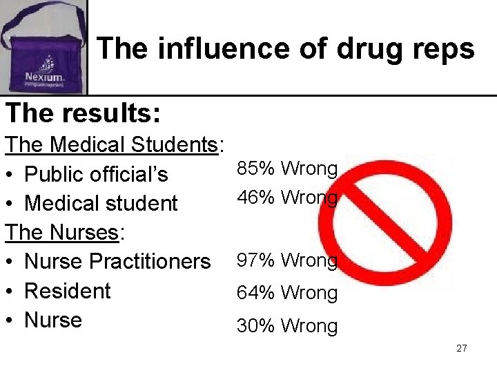 The influence of drug reps The results: The Medical Students: • Public official’s •