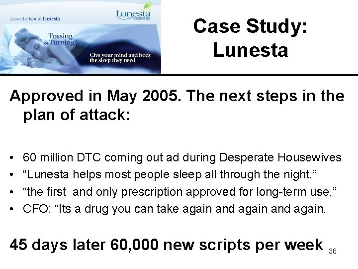Case Study: Lunesta Approved in May 2005. The next steps in the plan of