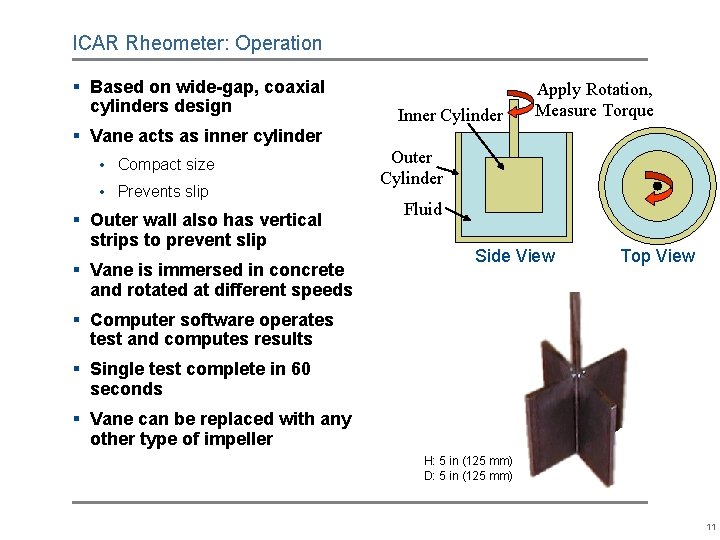 ICAR Rheometer: Operation § Based on wide-gap, coaxial cylinders design Inner Cylinder Apply Rotation, ICAR Rheometer: Operation § Based on wide-gap, coaxial cylinders design Inner Cylinder Apply Rotation,