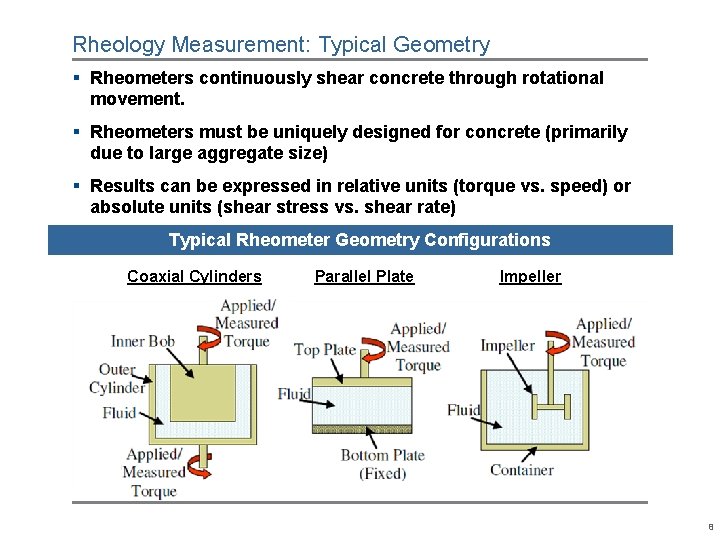 Rheology Measurement: Typical Geometry § Rheometers continuously shear concrete through rotational movement. § Rheometers Rheology Measurement: Typical Geometry § Rheometers continuously shear concrete through rotational movement. § Rheometers