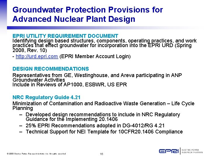 Groundwater Protection Provisions for Advanced Nuclear Plant Design EPRI UTILITY REQUIREMENT DOCUMENT Identifying design