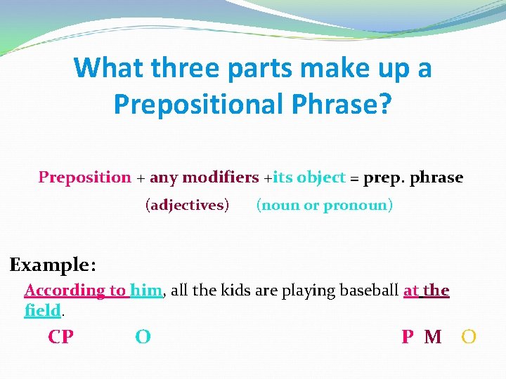 What three parts make up a Prepositional Phrase? Preposition + any modifiers +its object