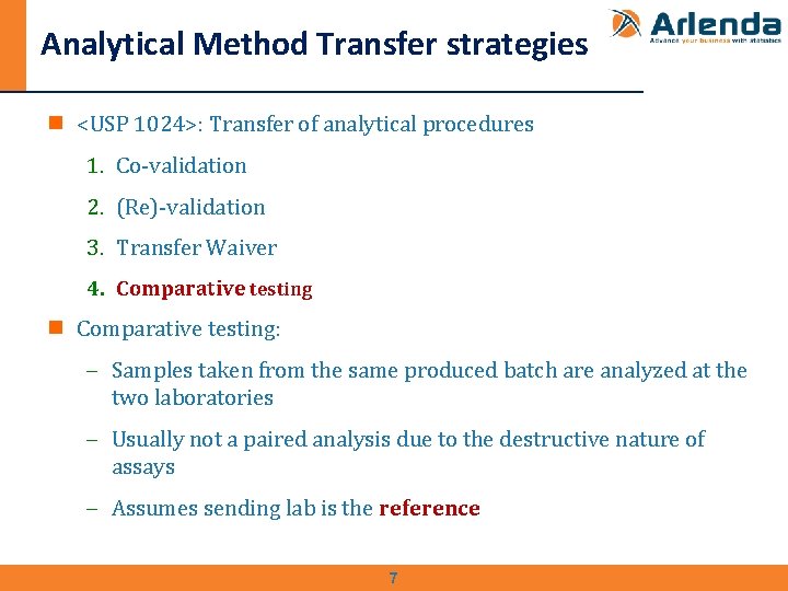 Analytical Method Transfer strategies n <USP 1024>: Transfer of analytical procedures 1. Co-validation 2.