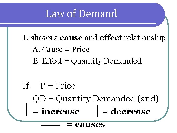 Law of Demand 1. shows a cause and effect relationship: A. Cause = Price Law of Demand 1. shows a cause and effect relationship: A. Cause = Price