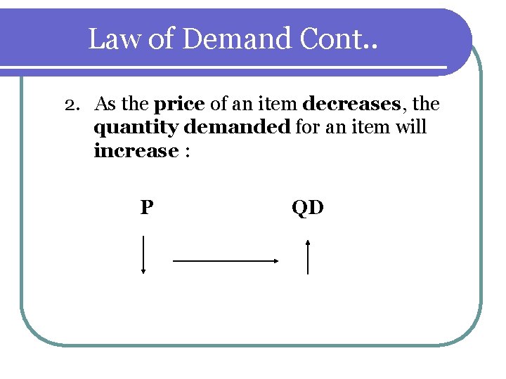 Law of Demand Cont. . 2. As the price of an item decreases, the Law of Demand Cont. . 2. As the price of an item decreases, the