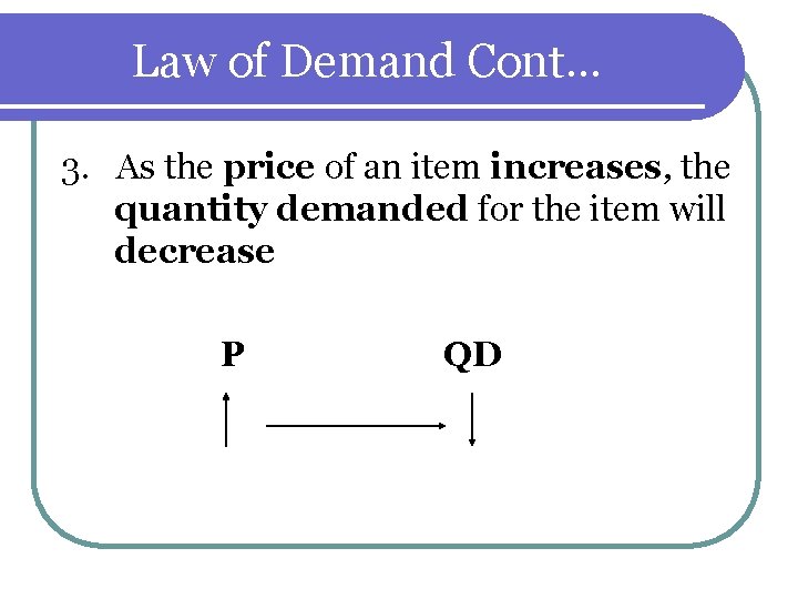 Law of Demand Cont… 3. As the price of an item increases, the quantity Law of Demand Cont… 3. As the price of an item increases, the quantity