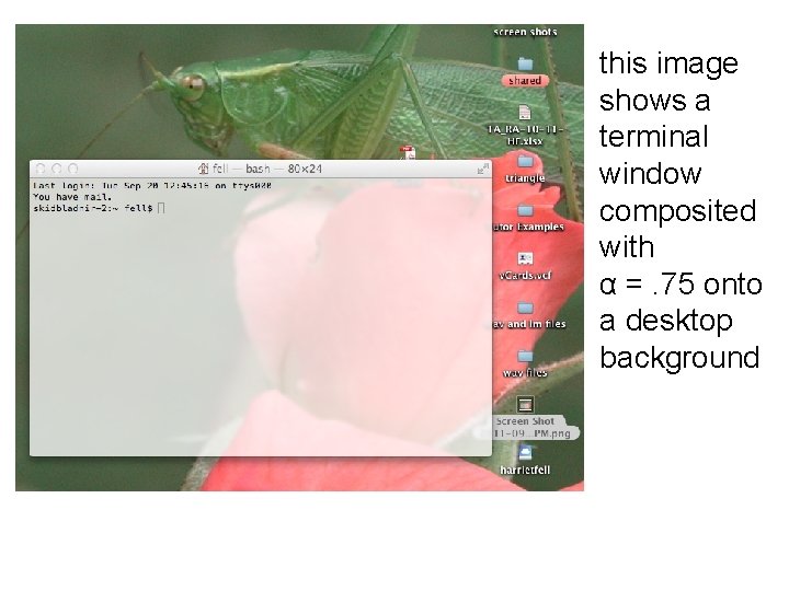 this image shows a terminal window composited with α =. 75 onto a desktop this image shows a terminal window composited with α =. 75 onto a desktop
