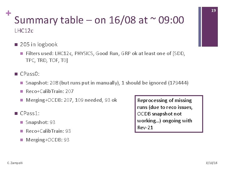 + Summary table – on 16/08 at ~ 09: 00 19 LHC 12 c
