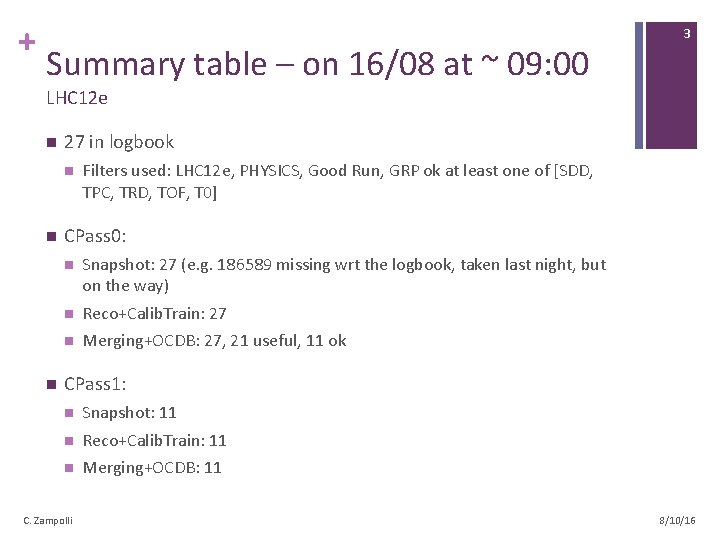 + Summary table – on 16/08 at ~ 09: 00 3 LHC 12 e