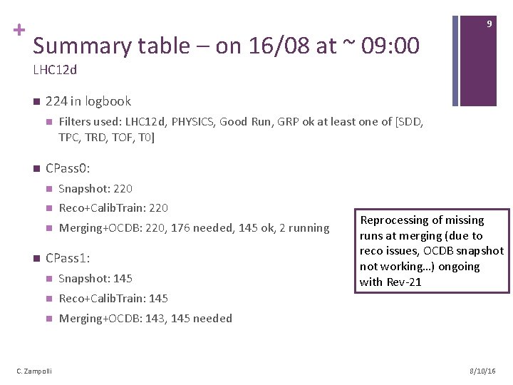 + Summary table – on 16/08 at ~ 09: 00 9 LHC 12 d
