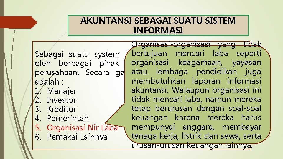 AKUNTANSI SEBAGAI SUATU SISTEM INFORMASI Organisasi-organisasi yang tidak bertujuan akuntansi mencari diperlukan laba seperti AKUNTANSI SEBAGAI SUATU SISTEM INFORMASI Organisasi-organisasi yang tidak bertujuan akuntansi mencari diperlukan laba seperti