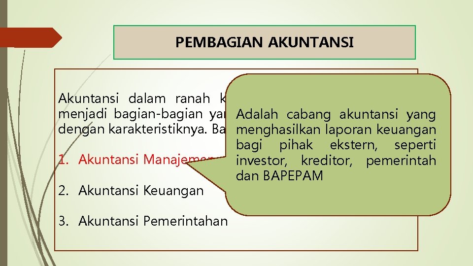 PEMBAGIAN AKUNTANSI Akuntansi dalam ranah keilmuan dan praktik, dibagi menjadi bagian-bagian yang melakukan aktifitas PEMBAGIAN AKUNTANSI Akuntansi dalam ranah keilmuan dan praktik, dibagi menjadi bagian-bagian yang melakukan aktifitas