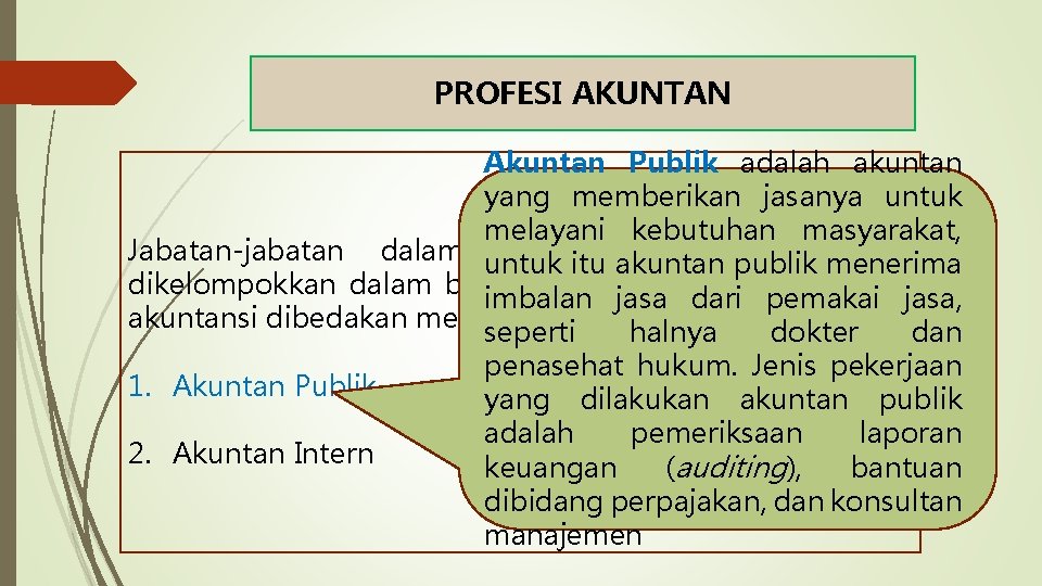 PROFESI AKUNTAN Akuntan Publik adalah akuntan yang memberikan jasanya untuk melayani kebutuhan masyarakat, Jabatan-jabatan