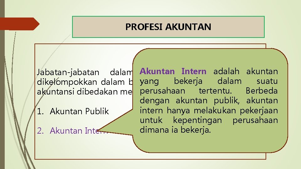 PROFESI AKUNTAN adalah dapat akuntan Jabatan-jabatan dalam Akuntan lapangan Intern akuntansi yang profesi. bekerja