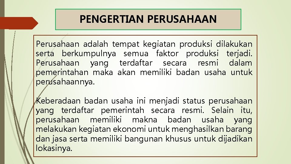 PENGERTIAN PERUSAHAAN Perusahaan adalah tempat kegiatan produksi dilakukan serta berkumpulnya semua faktor produksi terjadi.