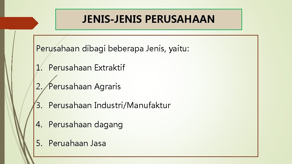 JENIS-JENIS PERUSAHAAN Perusahaan dibagi beberapa Jenis, yaitu: 1. Perusahaan Extraktif 2. Perusahaan Agraris 3.