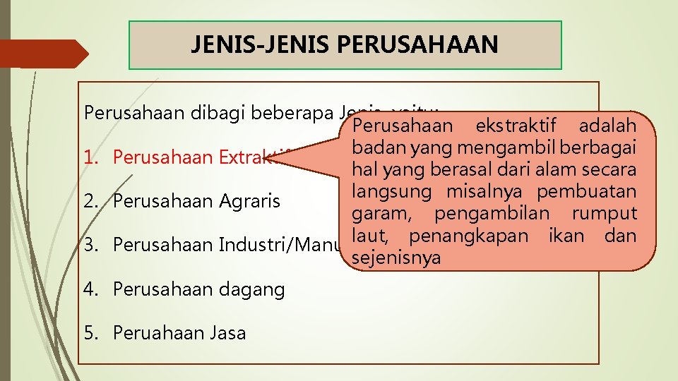 JENIS-JENIS PERUSAHAAN Perusahaan dibagi beberapa Jenis, yaitu: Perusahaan ekstraktif adalah badan yang mengambil berbagai