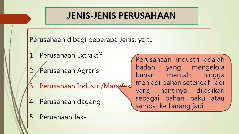 JENIS-JENIS PERUSAHAAN Perusahaan dibagi beberapa Jenis, yaitu: 1. Perusahaan Extraktif Perusahaan industri adalah badan