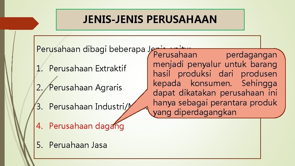 JENIS-JENIS PERUSAHAAN Perusahaan dibagi beberapa Jenis, yaitu: Perusahaan perdagangan menjadi penyalur untuk barang 1.