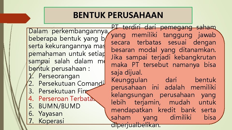 BENTUK PERUSAHAAN PT terdiri dari pemegang saham Dalam perkembangannya, perusahaan terbagi menjadi yang memiliki