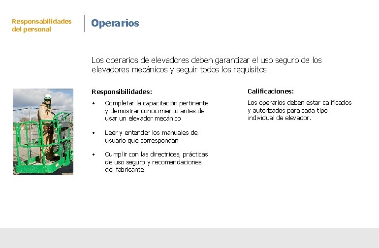 Responsabilidades del personal Operarios Los operarios de elevadores deben garantizar el uso seguro de