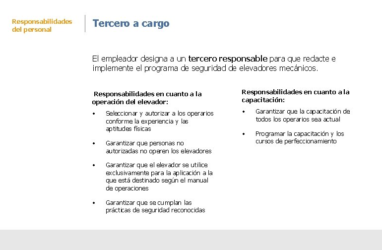 Responsabilidades del personal Tercero a cargo El empleador designa a un tercero responsable para