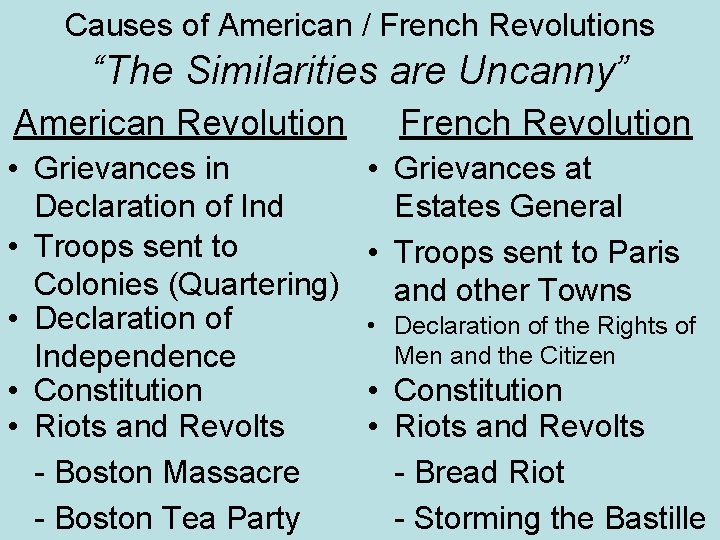 Causes of American / French Revolutions “The Similarities are Uncanny” American Revolution • Grievances