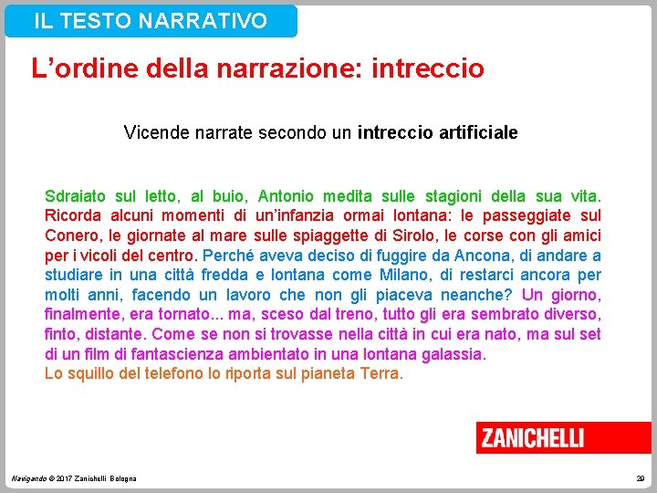 IL TESTO NARRATIVO L’ordine della narrazione: intreccio Vicende narrate secondo un intreccio artificiale Sdraiato