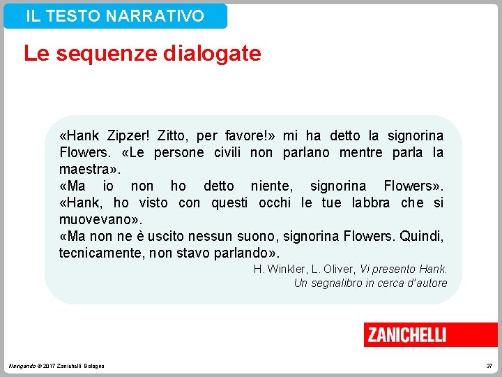 IL TESTO NARRATIVO Le sequenze dialogate «Hank Zipzer! Zitto, per favore!» mi ha detto