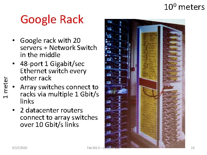 100 meters 1 meter Google Rack • Google rack with 20 servers + Network