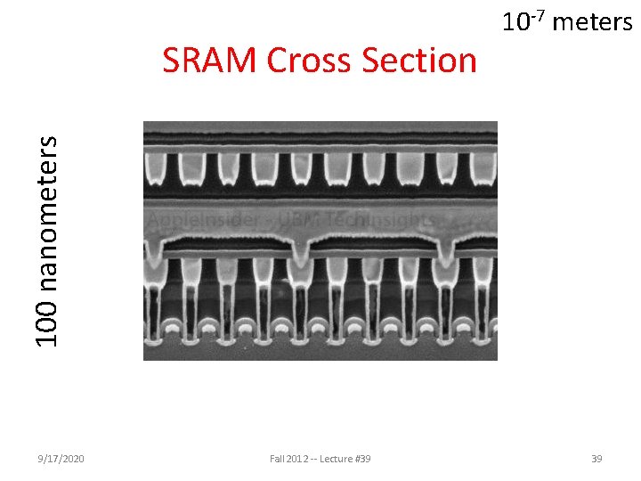 100 nanometers SRAM Cross Section 10 -7 meters 9/17/2020 Fall 2012 -- Lecture #39