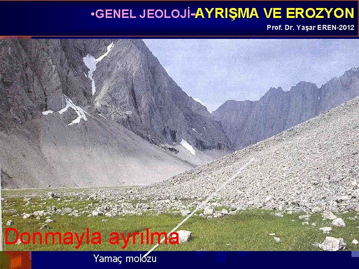  • GENEL JEOLOJİ-AYRIŞMA VE EROZYON Prof. Dr. Yaşar EREN-2012 Donmayla ayrılma Yamaç molozu