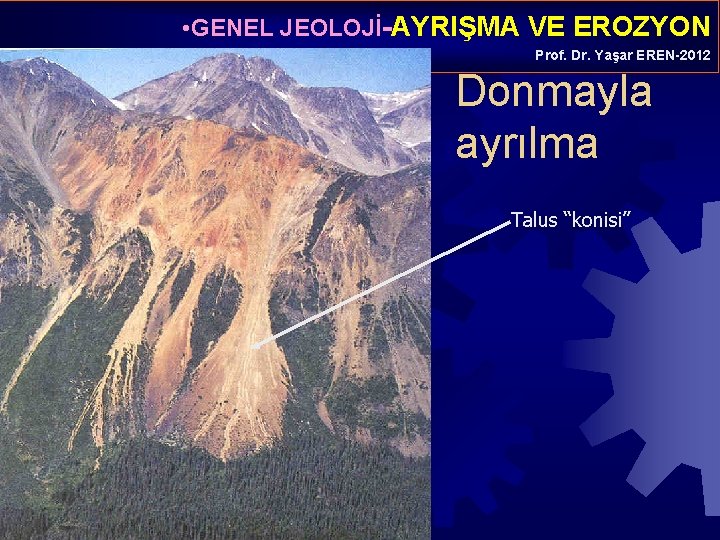  • GENEL JEOLOJİ-AYRIŞMA VE EROZYON Prof. Dr. Yaşar EREN-2012 Donmayla ayrılma Talus “konisi”