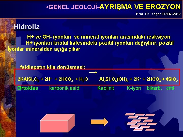  • GENEL JEOLOJİ-AYRIŞMA VE EROZYON Prof. Dr. Yaşar EREN-2012 Hidroliz H+ ve OH-