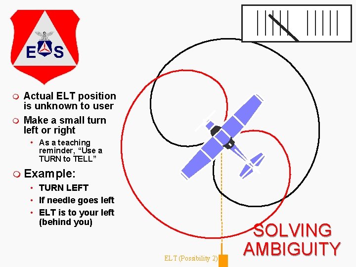 m m Actual ELT position is unknown to user Make a small turn left