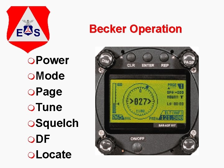 Becker Operation m. Power m. Mode m. Page m. Tune m. Squelch m. DF
