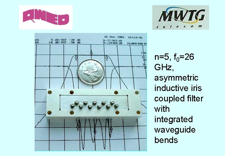 n=5, f 0=26 GHz, asymmetric inductive iris coupled filter with integrated waveguide bends 