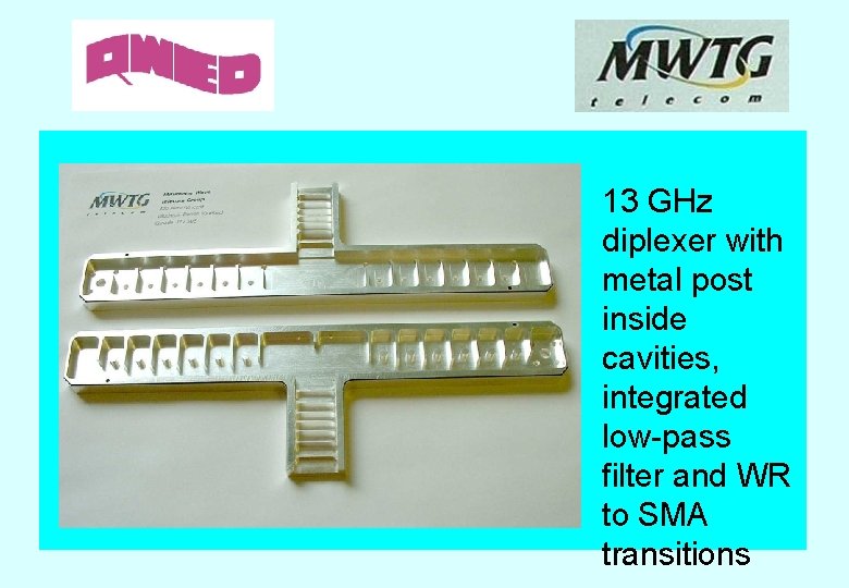 13 GHz diplexer with metal post inside cavities, integrated low-pass filter and WR to