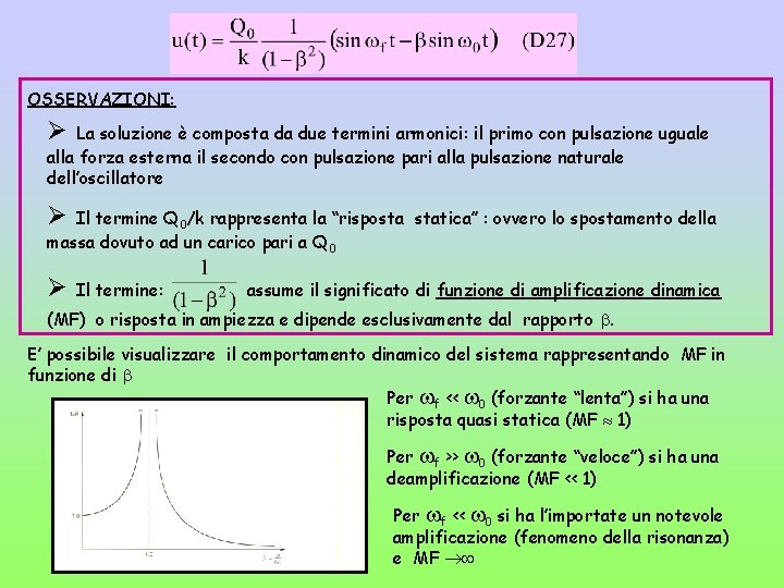 OSSERVAZIONI: Ø La soluzione è composta da due termini armonici: il primo con pulsazione