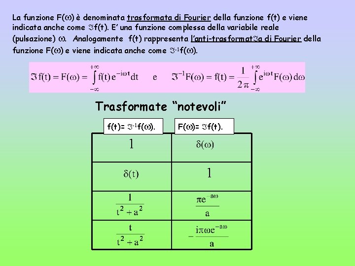 La funzione F( ) è denominata trasformata di Fourier della funzione f(t) e viene
