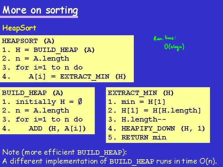 More on sorting Heap. Sort HEAPSORT (A) 1. H = BUILD_HEAP (A) 2. n