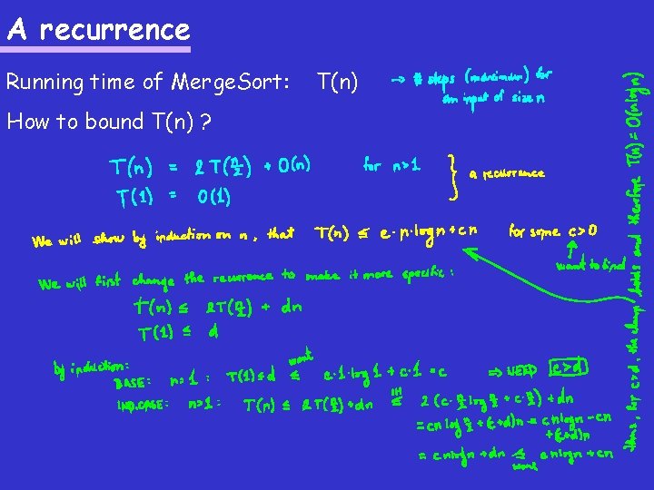 A recurrence Running time of Merge. Sort: How to bound T(n) ? T(n) 