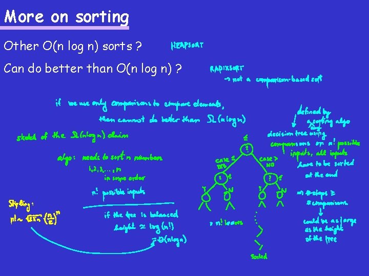 More on sorting Other O(n log n) sorts ? Can do better than O(n