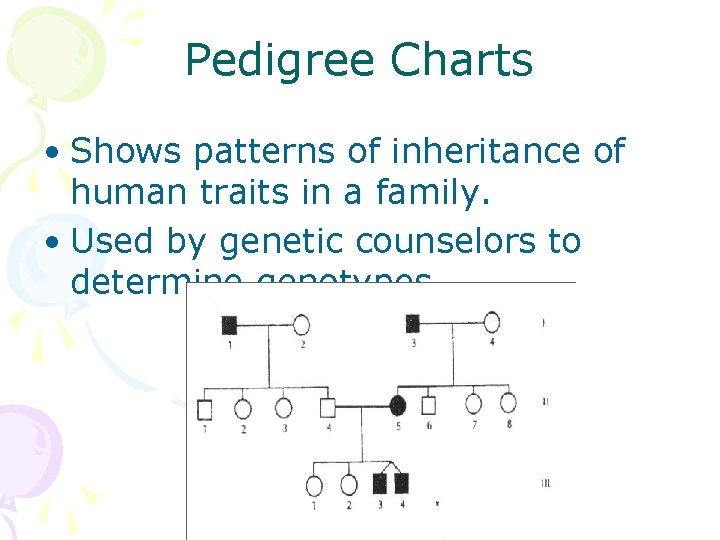 Pedigree Charts • Shows patterns of inheritance of human traits in a family. •