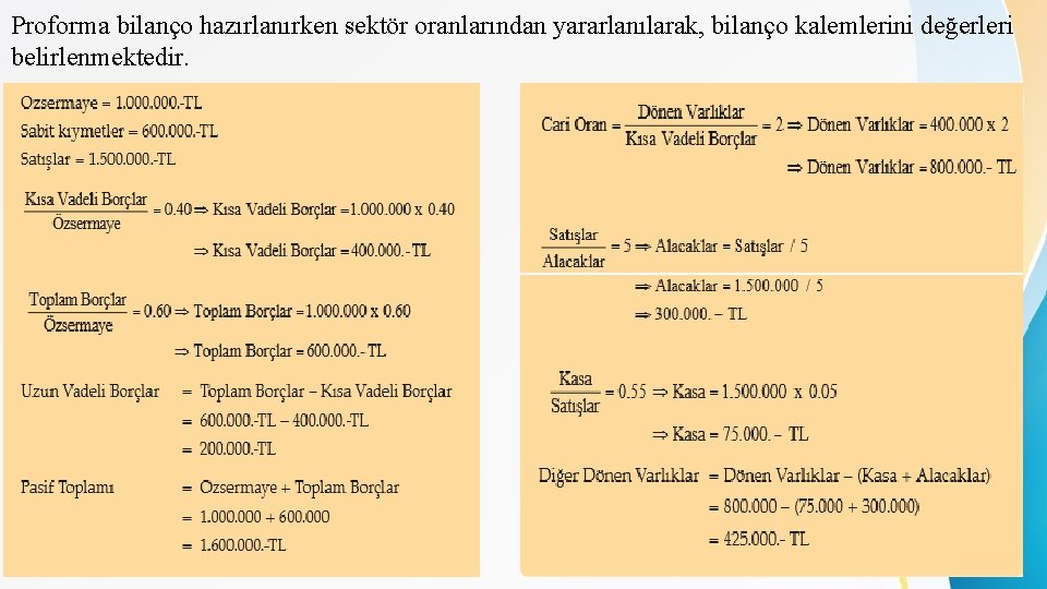 Proforma bilanço hazırlanırken sektör oranlarından yararlanılarak, bilanço kalemlerini değerleri belirlenmektedir. 