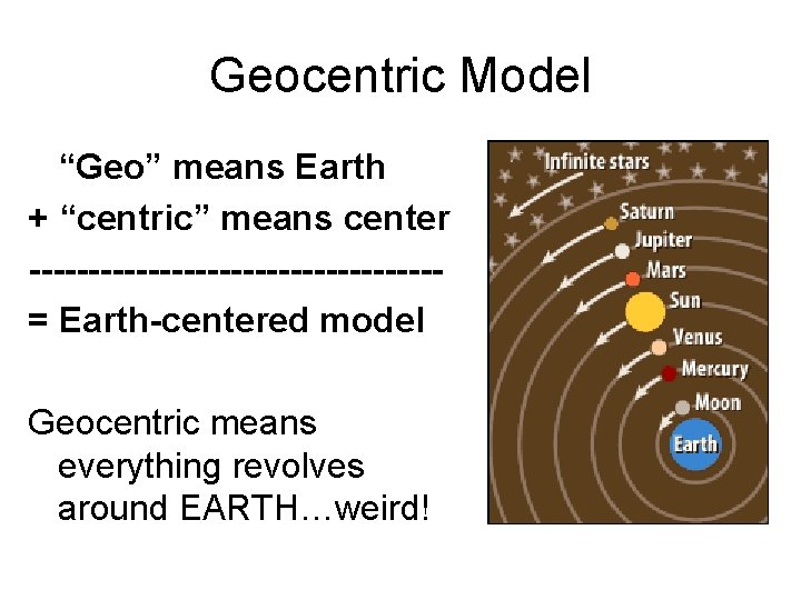 Geocentric Model “Geo” means Earth + “centric” means center -----------------= Earth-centered model Geocentric means