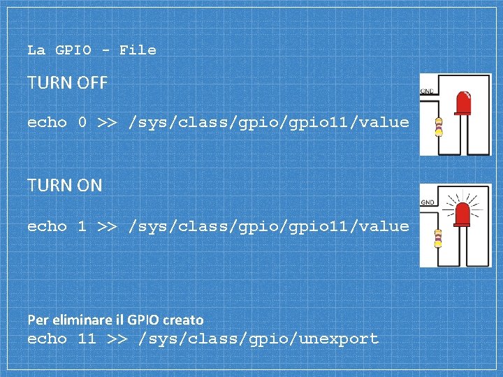 La GPIO - File TURN OFF echo 0 >> /sys/class/gpio 11/value TURN ON echo La GPIO - File TURN OFF echo 0 >> /sys/class/gpio 11/value TURN ON echo