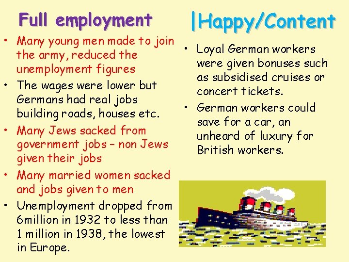 Full employment |Happy/Content • Many young men made to join • Loyal German workers