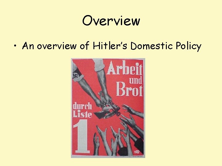 Overview • An overview of Hitler’s Domestic Policy 